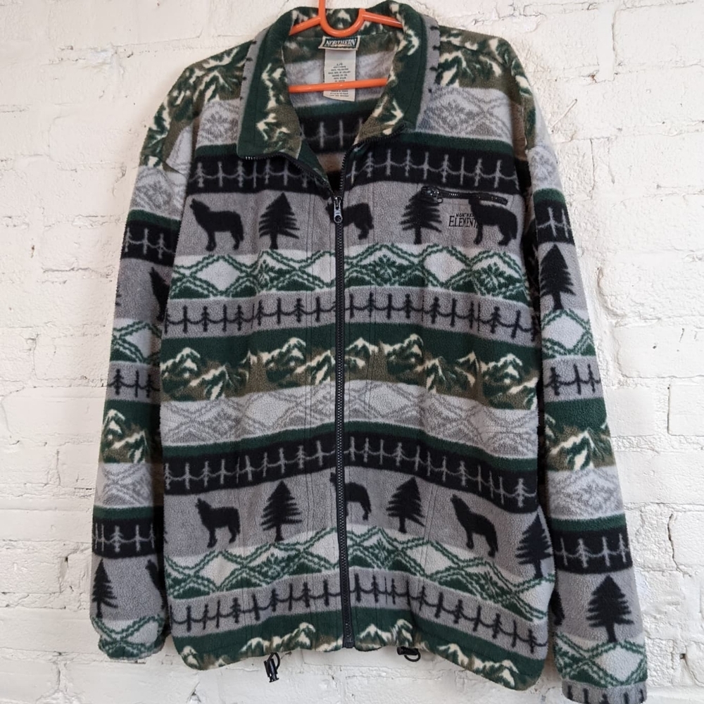 Retro Tree and Wolf Northern Reflections Zip Up Flannel